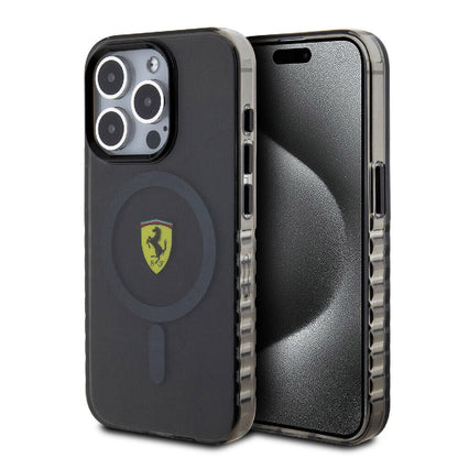iPhone 15 Pro Kılıf Ferrari Orjinal Lisanslı M-safe Şarj Özellikli Tırtıklı Kenar Tasarımlı Ortalanmış Logo Kapak