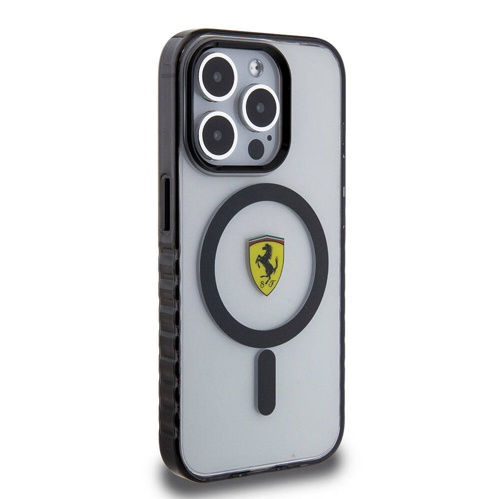 iPhone 15 Pro Kılıf Ferrari Orjinal Lisanslı M-safe Şarj Özellikli Tırtıklı Kenar Tasarımlı Ortalanmış Logo Kapak