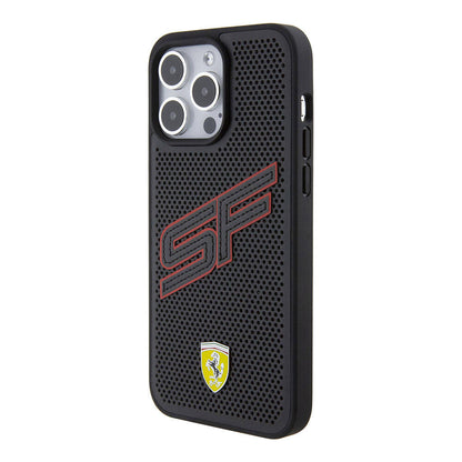 iPhone 15 Pro Kılıf Ferrari Orjinal Lisanslı PU Delikli Arka Yüzey Metal Logolu Dikişli Büyük SF Yazılı Kapak