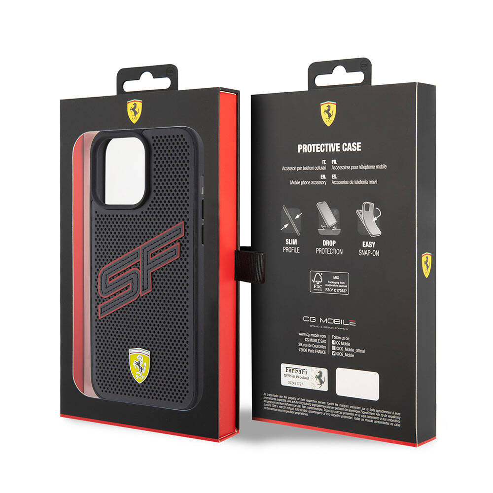 iPhone 15 Pro Kılıf Ferrari Orjinal Lisanslı PU Delikli Arka Yüzey Metal Logolu Dikişli Büyük SF Yazılı Kapak