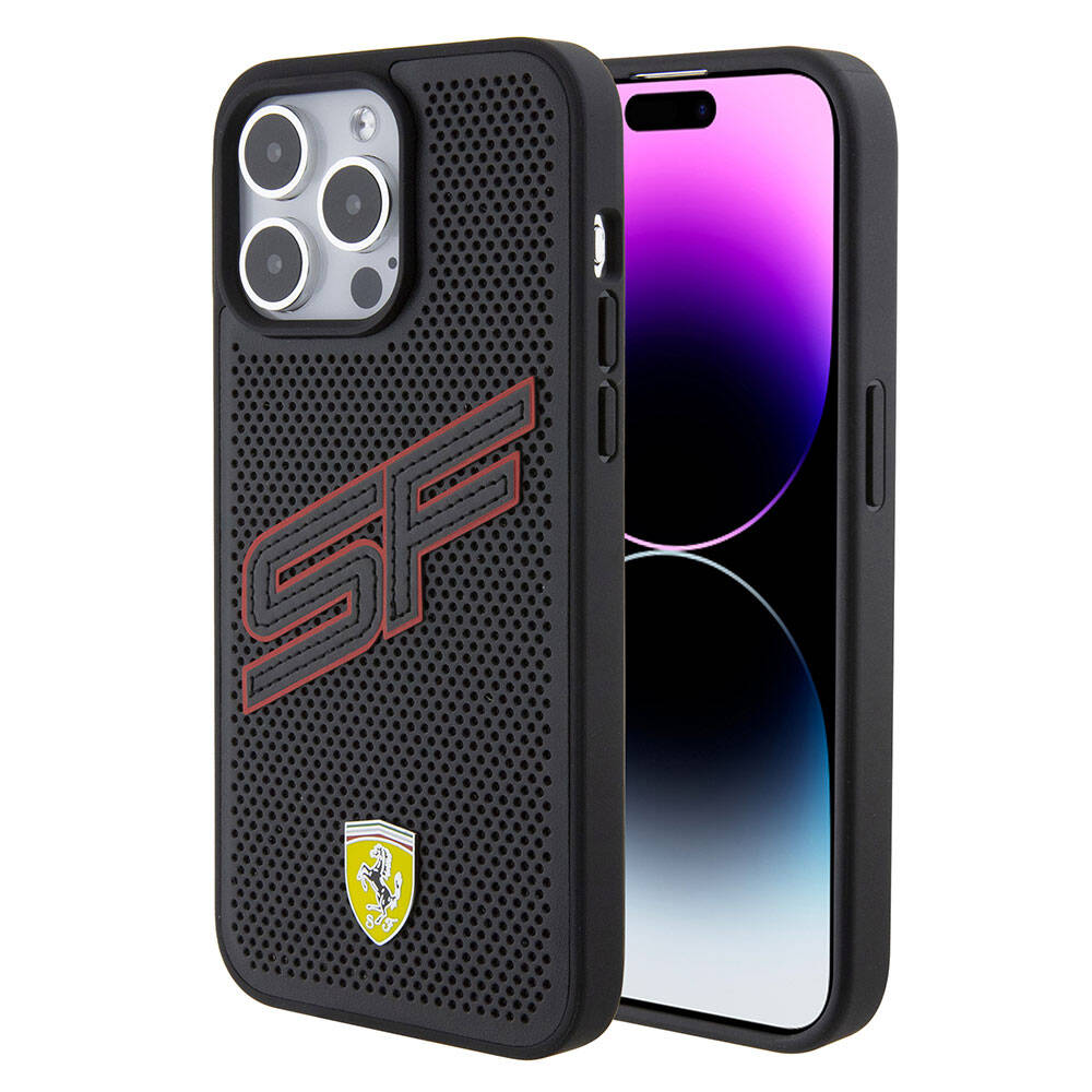 iPhone 15 Pro Kılıf Ferrari Orjinal Lisanslı PU Delikli Arka Yüzey Metal Logolu Dikişli Büyük SF Yazılı Kapak