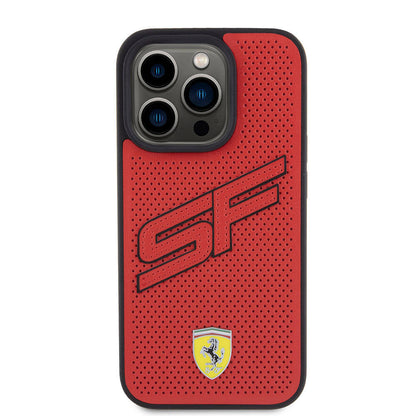 iPhone 15 Pro Kılıf Ferrari Orjinal Lisanslı PU Delikli Arka Yüzey Metal Logolu Dikişli Büyük SF Yazılı Kapak