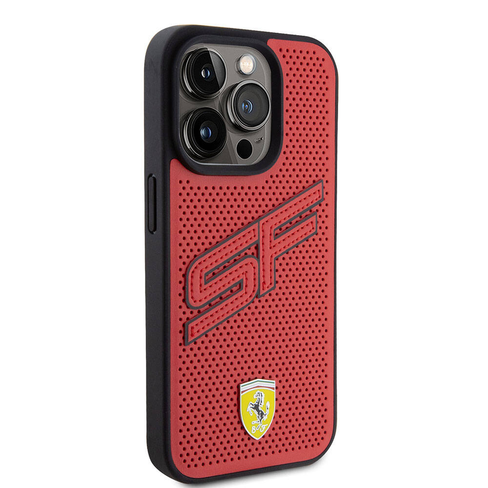 iPhone 15 Pro Kılıf Ferrari Orjinal Lisanslı PU Delikli Arka Yüzey Metal Logolu Dikişli Büyük SF Yazılı Kapak