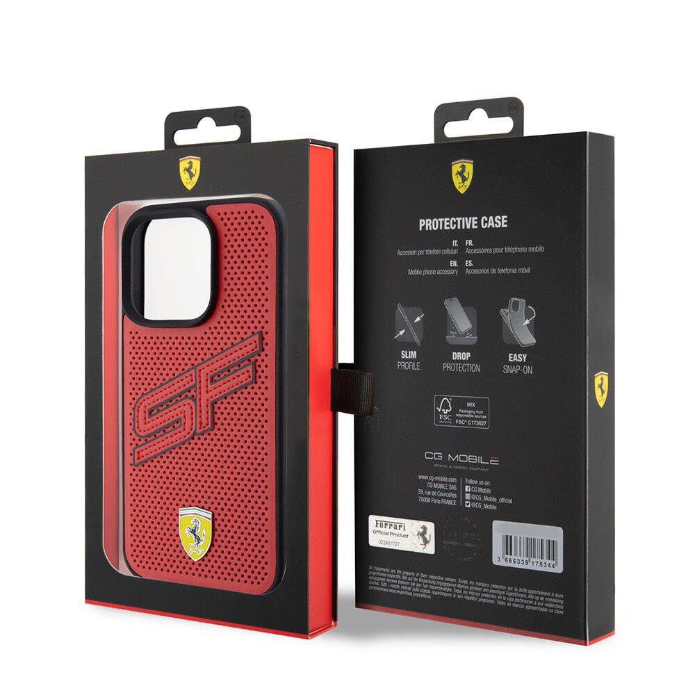 iPhone 15 Pro Kılıf Ferrari Orjinal Lisanslı PU Delikli Arka Yüzey Metal Logolu Dikişli Büyük SF Yazılı Kapak