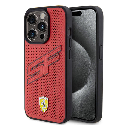 iPhone 15 Pro Kılıf Ferrari Orjinal Lisanslı PU Delikli Arka Yüzey Metal Logolu Dikişli Büyük SF Yazılı Kapak