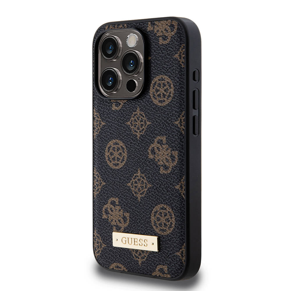iPhone 15 Pro Kılıf Guess M-safe Şarj Özellikli PU Deri Desenli Metal Plaka Logolu Kapak