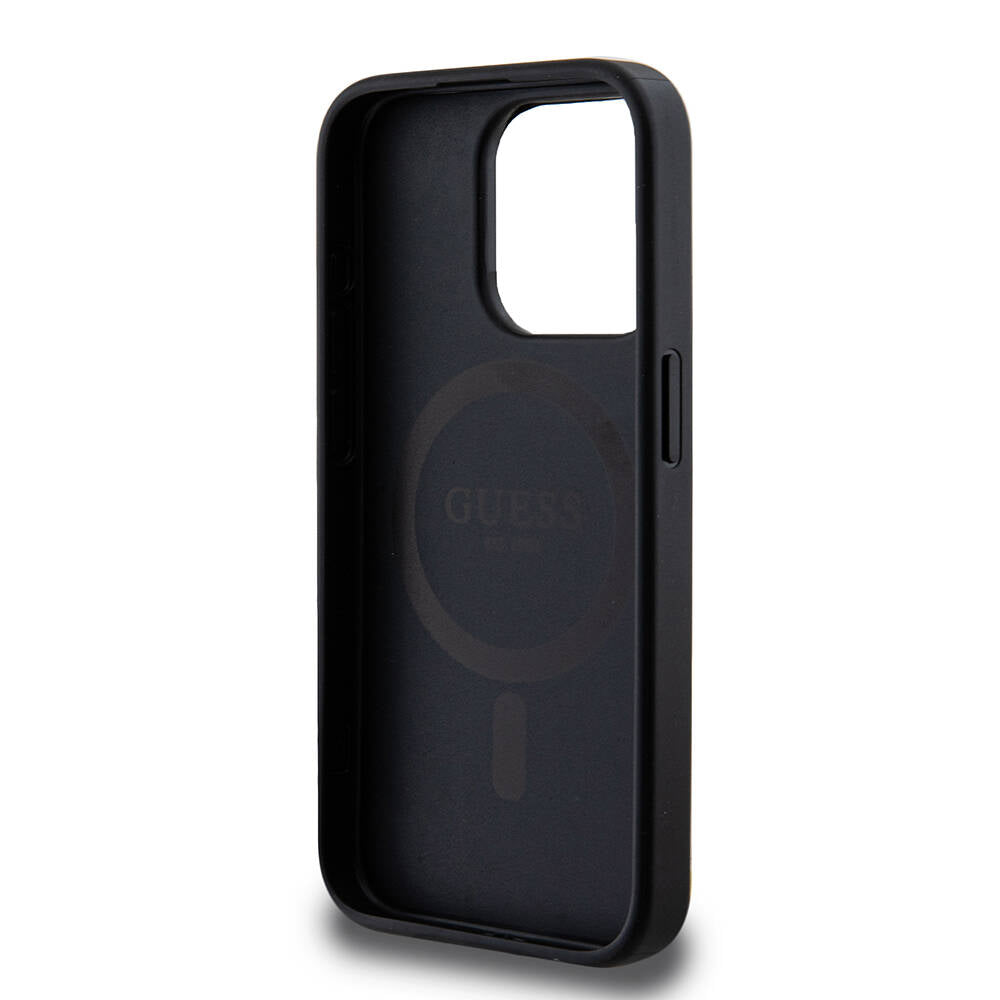 iPhone 15 Pro Kılıf Guess M-safe Şarj Özellikli PU Deri Desenli Metal Plaka Logolu Kapak