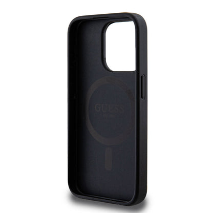 iPhone 15 Pro Kılıf Guess M-safe Şarj Özellikli PU Deri Desenli Metal Plaka Logolu Kapak