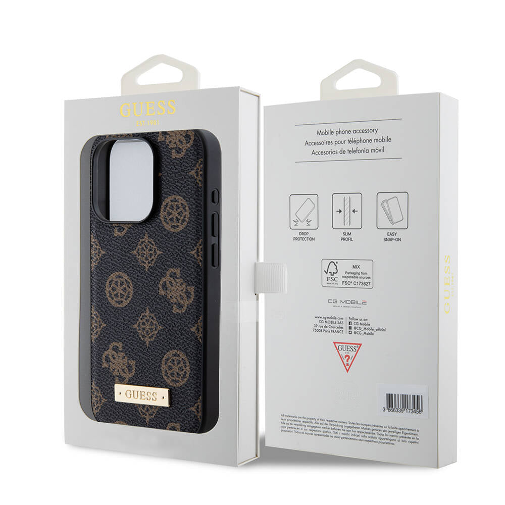 iPhone 15 Pro Kılıf Guess M-safe Şarj Özellikli PU Deri Desenli Metal Plaka Logolu Kapak
