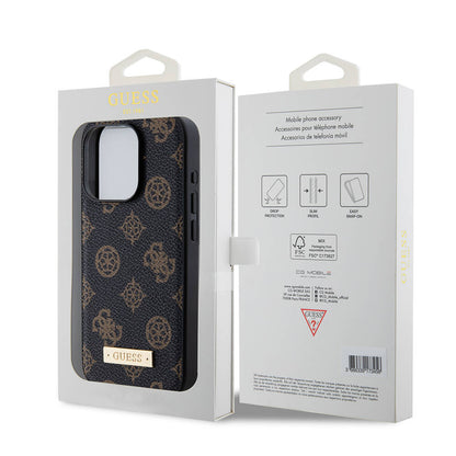 iPhone 15 Pro Kılıf Guess M-safe Şarj Özellikli PU Deri Desenli Metal Plaka Logolu Kapak