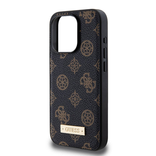 iPhone 15 Pro Kılıf Guess M-safe Şarj Özellikli PU Deri Desenli Metal Plaka Logolu Kapak