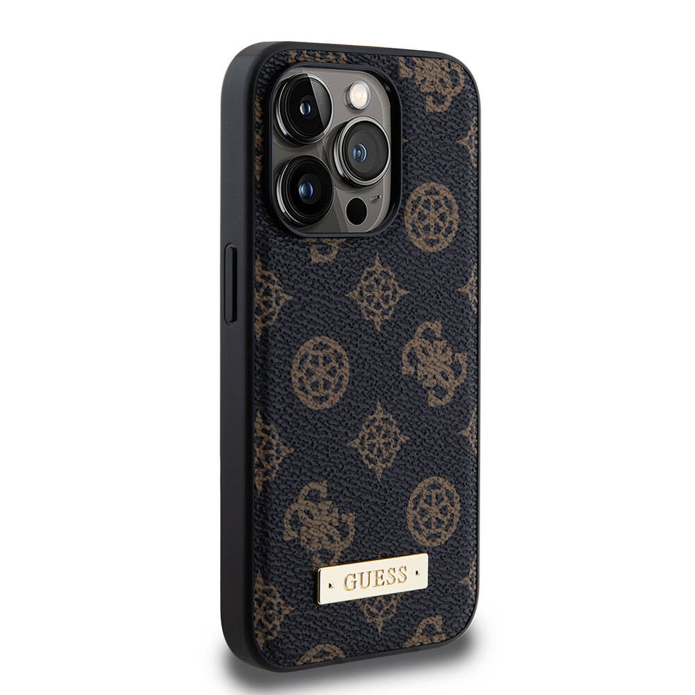 iPhone 15 Pro Kılıf Guess M-safe Şarj Özellikli PU Deri Desenli Metal Plaka Logolu Kapak