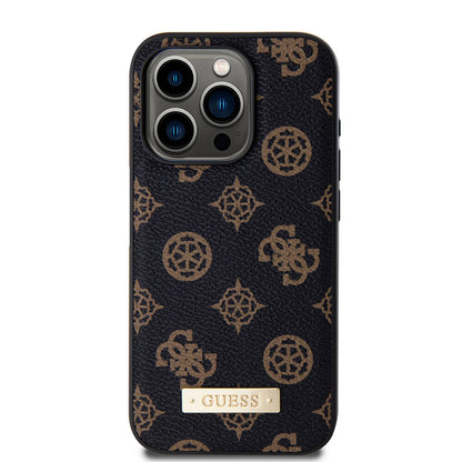iPhone 15 Pro Kılıf Guess M-safe Şarj Özellikli PU Deri Desenli Metal Plaka Logolu Kapak