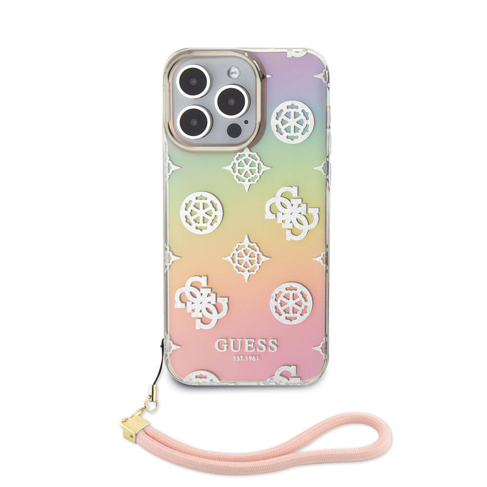 iPhone 15 Pro Kılıf Guess Orjinal Lisanslı Desenli Yazı Logolu Askı İpli Holografik Glitter Peony Kapak