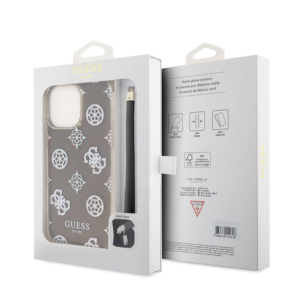 iPhone 15 Pro Kılıf Guess Orjinal Lisanslı Desenli Yazı Logolu Askı İpli Holografik Glitter Peony Kapak