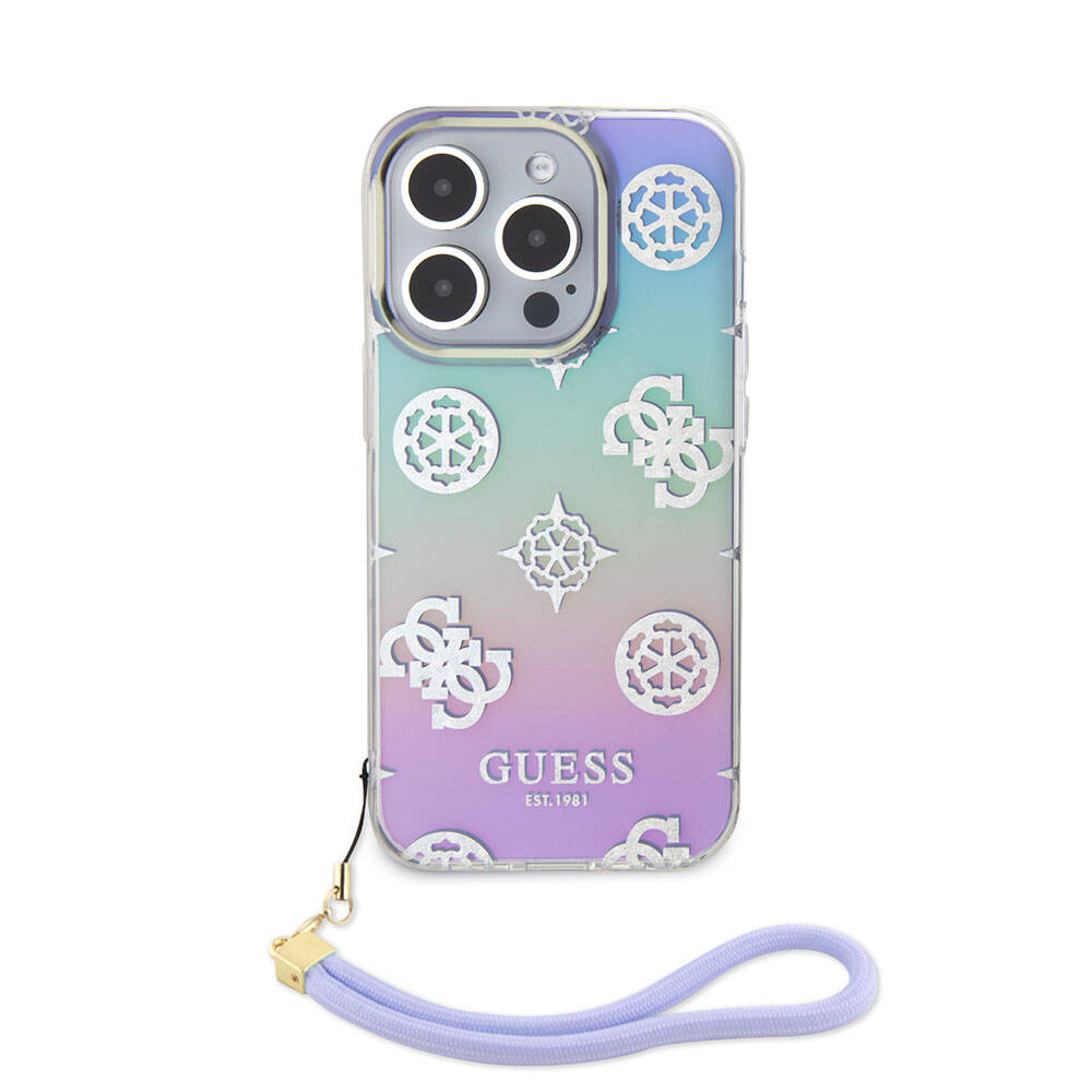iPhone 15 Pro Kılıf Guess Orjinal Lisanslı Desenli Yazı Logolu Askı İpli Holografik Glitter Peony Kapak
