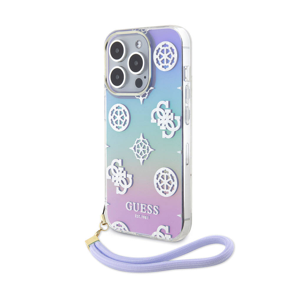 iPhone 15 Pro Kılıf Guess Orjinal Lisanslı Desenli Yazı Logolu Askı İpli Holografik Glitter Peony Kapak