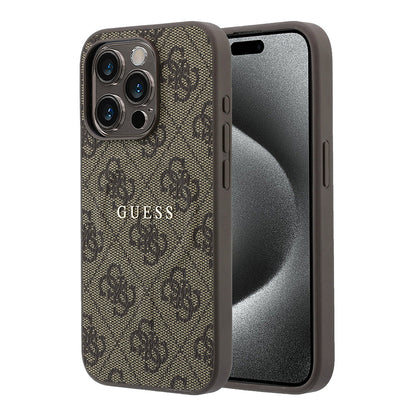 Apple iPhone 15 Pro Kılıf Guess Orjinal Lisanslı M-safe Kabartmalı 4G Desenli Yazı Logolu Kapak