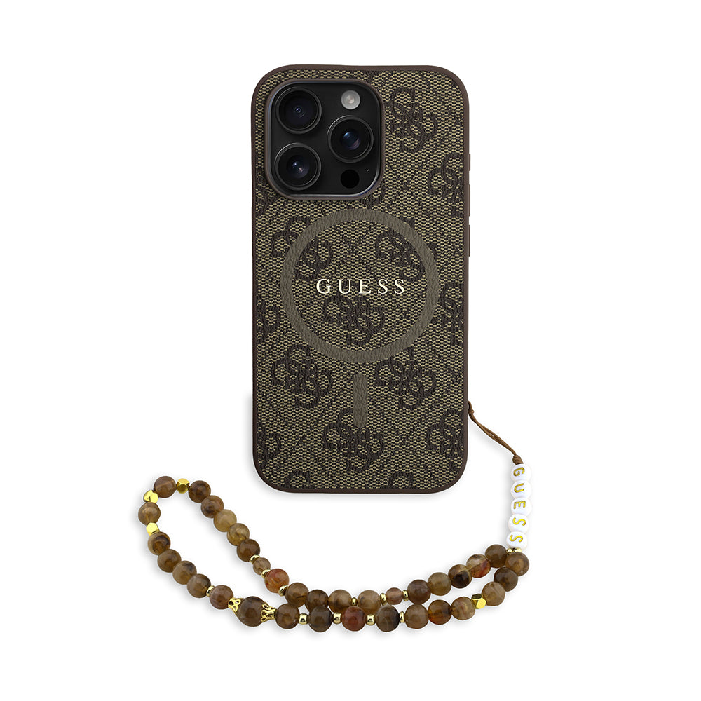 iPhone 15 Pro Kılıf Guess Orjinal Lisanslı M-safe Şarj Özellikli PU Deri Bilek Askı İpli Yazı Logolu Kapak
