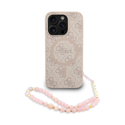 iPhone 15 Pro Kılıf Guess Orjinal Lisanslı M-safe Şarj Özellikli PU Deri Bilek Askı İpli Yazı Logolu Kapak