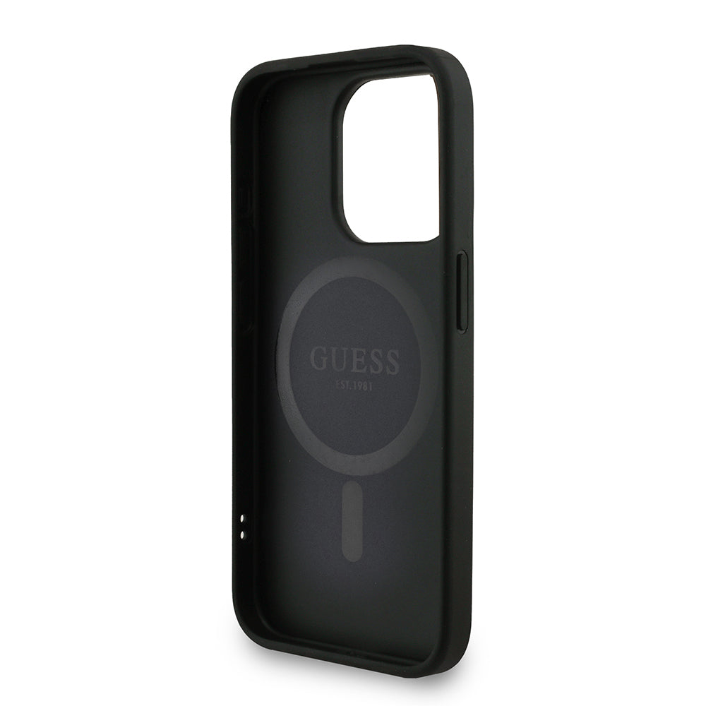 iPhone 15 Pro Kılıf Guess Orjinal Lisanslı M-safe Şarj Özellikli PU Deri Bilek Askı İpli Yazı Logolu Kapak