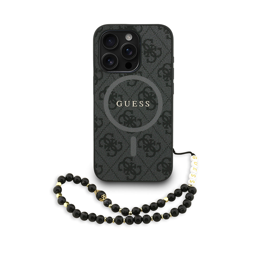 iPhone 15 Pro Kılıf Guess Orjinal Lisanslı M-safe Şarj Özellikli PU Deri Bilek Askı İpli Yazı Logolu Kapak