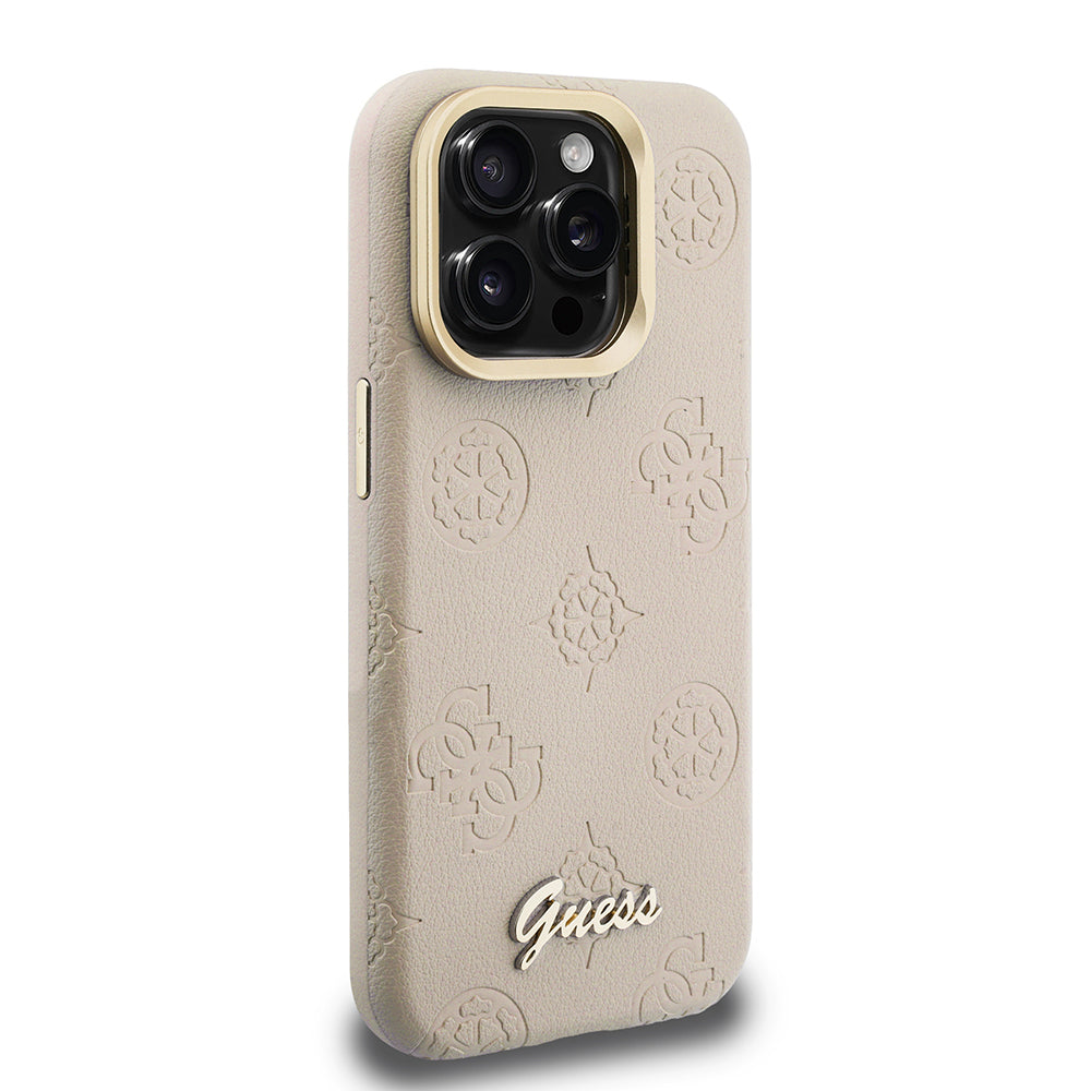 iPhone 15 Pro Kılıf Guess Orjinal Lisanslı M-safe Şarj Özellikli Sıcak Baskılı Yazı Logolu Kamera Standlı PU Deri Peony Kapak