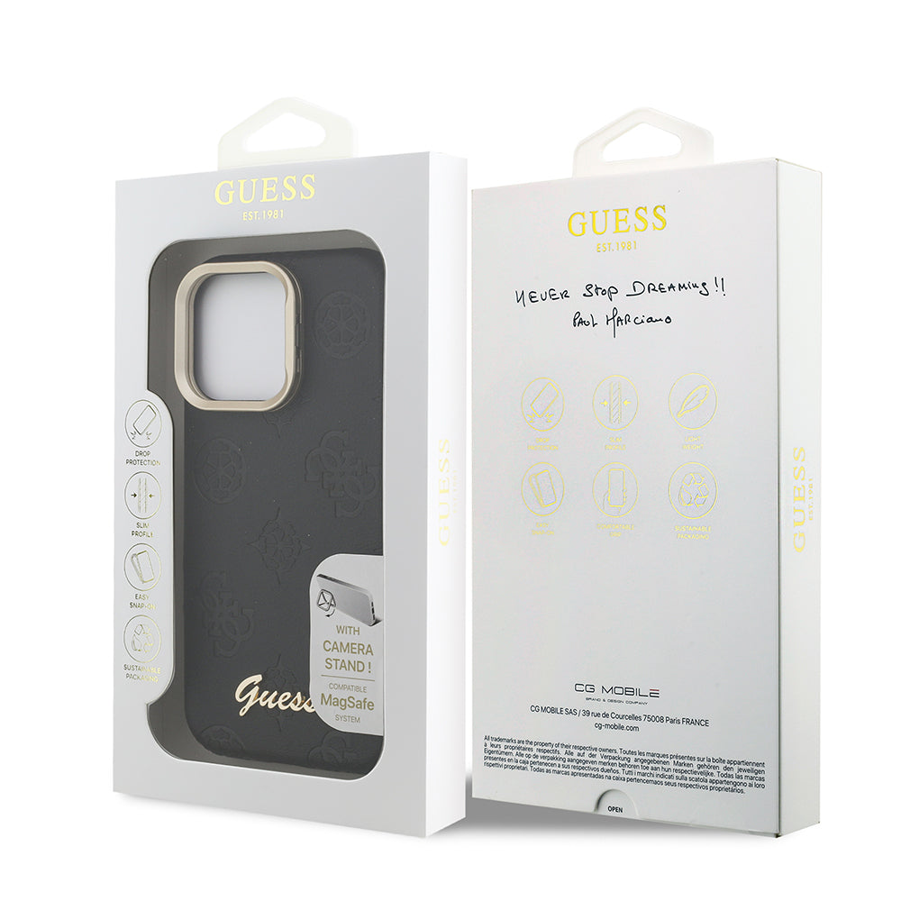 iPhone 15 Pro Kılıf Guess Orjinal Lisanslı M-safe Şarj Özellikli Sıcak Baskılı Yazı Logolu Kamera Standlı PU Deri Peony Kapak