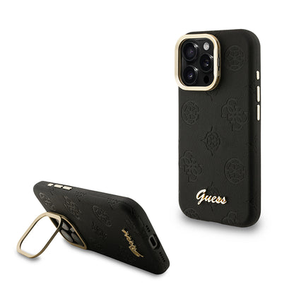 iPhone 15 Pro Kılıf Guess Orjinal Lisanslı M-safe Şarj Özellikli Sıcak Baskılı Yazı Logolu Kamera Standlı PU Deri Peony Kapak