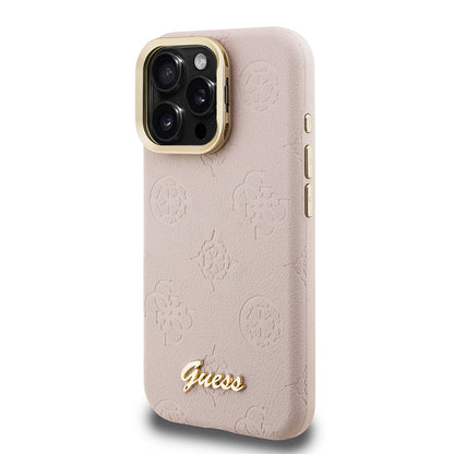iPhone 15 Pro Kılıf Guess Orjinal Lisanslı M-safe Şarj Özellikli Sıcak Baskılı Yazı Logolu Kamera Standlı PU Deri Peony Kapak