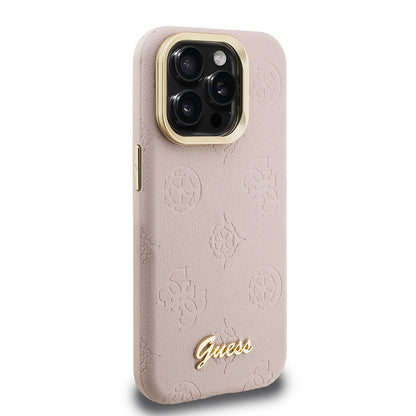iPhone 15 Pro Kılıf Guess Orjinal Lisanslı M-safe Şarj Özellikli Sıcak Baskılı Yazı Logolu Kamera Standlı PU Deri Peony Kapak