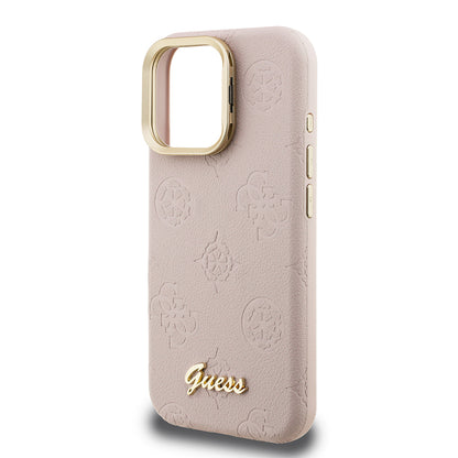 iPhone 15 Pro Kılıf Guess Orjinal Lisanslı M-safe Şarj Özellikli Sıcak Baskılı Yazı Logolu Kamera Standlı PU Deri Peony Kapak