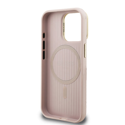 iPhone 15 Pro Kılıf Guess Orjinal Lisanslı M-safe Şarj Özellikli Sıcak Baskılı Yazı Logolu Kamera Standlı PU Deri Peony Kapak