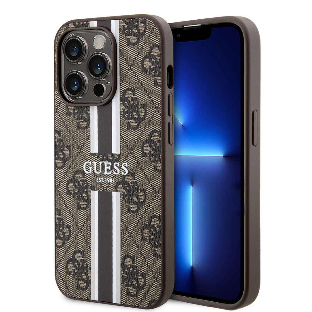iPhone 15 Pro Kılıf Guess Orjinal Lisanslı M-safe Şarj Özellikli 4G Şerit Tasarımlı Printed Kapak