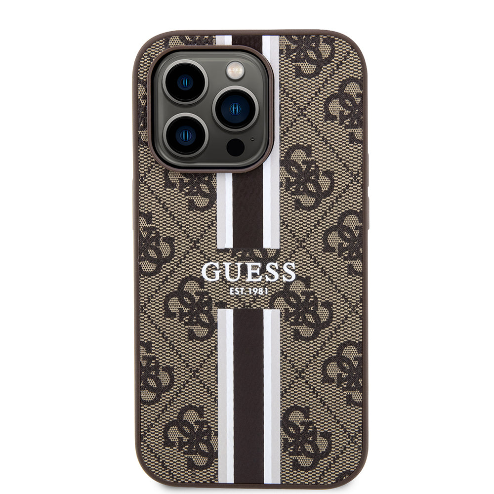 iPhone 15 Pro Kılıf Guess Orjinal Lisanslı M-safe Şarj Özellikli 4G Şerit Tasarımlı Printed Kapak