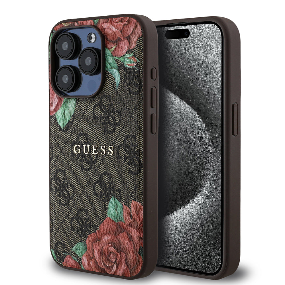 iPhone 15 Pro Kılıf Guess Orjinal Lisanslı M-safe Şarj Özellikli Gül Baskılı 4G Desenli Yazı Logolu Kapak