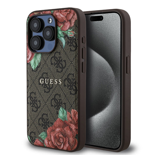 iPhone 15 Pro Kılıf Guess Orjinal Lisanslı M-safe Şarj Özellikli Gül Baskılı 4G Desenli Yazı Logolu Kapak