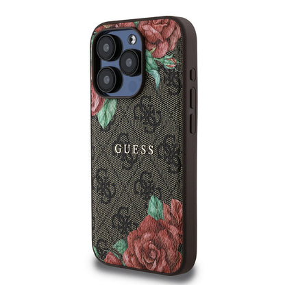 iPhone 15 Pro Kılıf Guess Orjinal Lisanslı M-safe Şarj Özellikli Gül Baskılı 4G Desenli Yazı Logolu Kapak