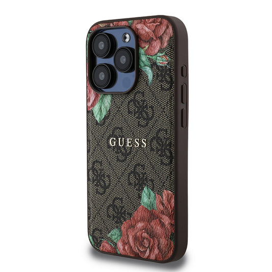 iPhone 15 Pro Kılıf Guess Orjinal Lisanslı M-safe Şarj Özellikli Gül Baskılı 4G Desenli Yazı Logolu Kapak