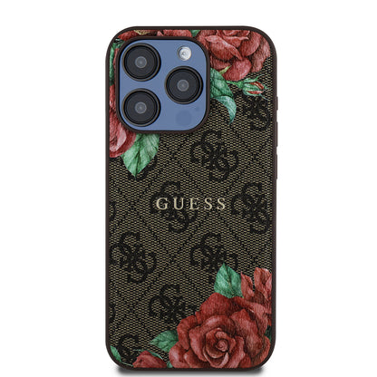 iPhone 15 Pro Kılıf Guess Orjinal Lisanslı M-safe Şarj Özellikli Gül Baskılı 4G Desenli Yazı Logolu Kapak