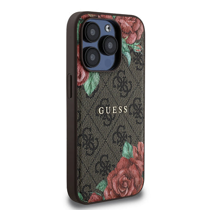 iPhone 15 Pro Kılıf Guess Orjinal Lisanslı M-safe Şarj Özellikli Gül Baskılı 4G Desenli Yazı Logolu Kapak