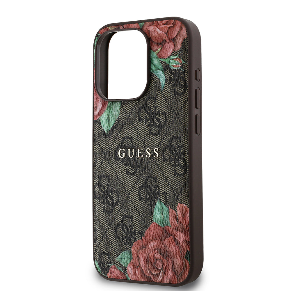 iPhone 15 Pro Kılıf Guess Orjinal Lisanslı M-safe Şarj Özellikli Gül Baskılı 4G Desenli Yazı Logolu Kapak
