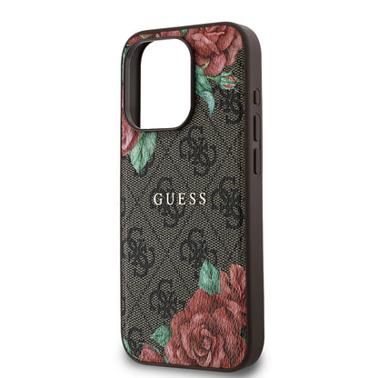 iPhone 15 Pro Kılıf Guess Orjinal Lisanslı M-safe Şarj Özellikli Gül Baskılı 4G Desenli Yazı Logolu Kapak