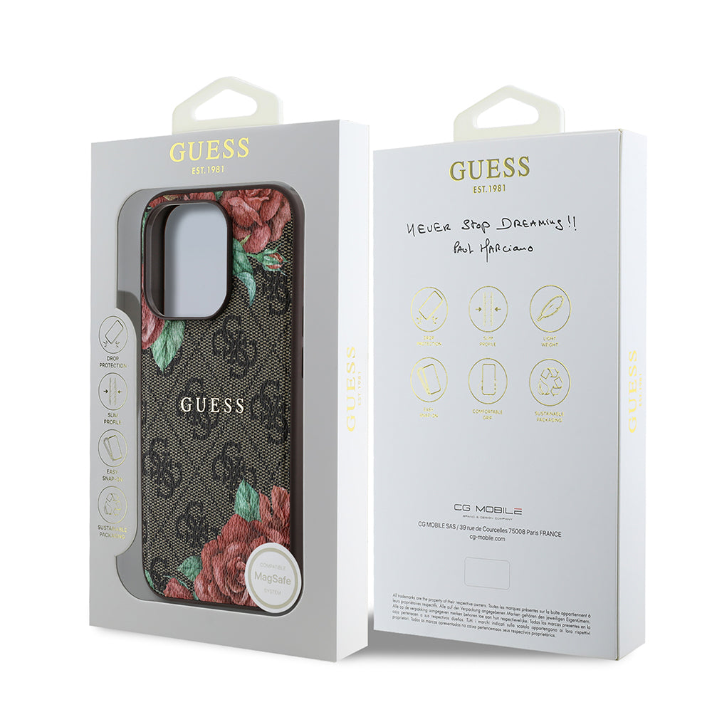 iPhone 15 Pro Kılıf Guess Orjinal Lisanslı M-safe Şarj Özellikli Gül Baskılı 4G Desenli Yazı Logolu Kapak