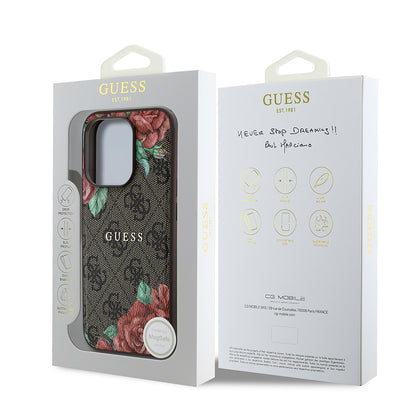 iPhone 15 Pro Kılıf Guess Orjinal Lisanslı M-safe Şarj Özellikli Gül Baskılı 4G Desenli Yazı Logolu Kapak