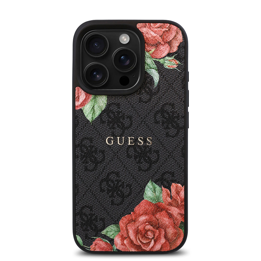 iPhone 15 Pro Kılıf Guess Orjinal Lisanslı M-safe Şarj Özellikli Gül Baskılı 4G Desenli Yazı Logolu Kapak