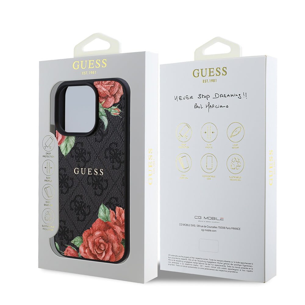 iPhone 15 Pro Kılıf Guess Orjinal Lisanslı M-safe Şarj Özellikli Gül Baskılı 4G Desenli Yazı Logolu Kapak