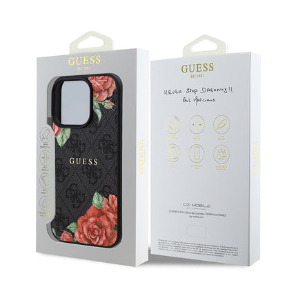 iPhone 15 Pro Kılıf Guess Orjinal Lisanslı M-safe Şarj Özellikli Gül Baskılı 4G Desenli Yazı Logolu Kapak