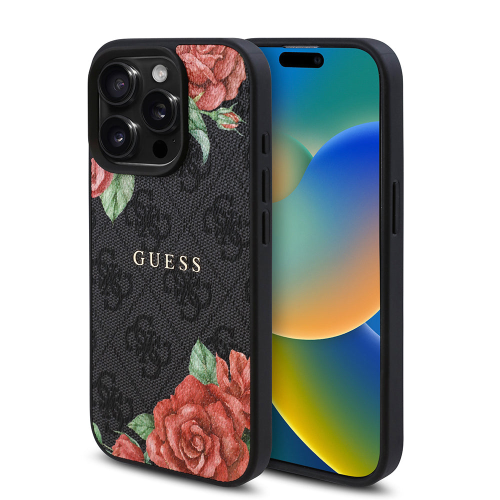 iPhone 15 Pro Kılıf Guess Orjinal Lisanslı M-safe Şarj Özellikli Gül Baskılı 4G Desenli Yazı Logolu Kapak