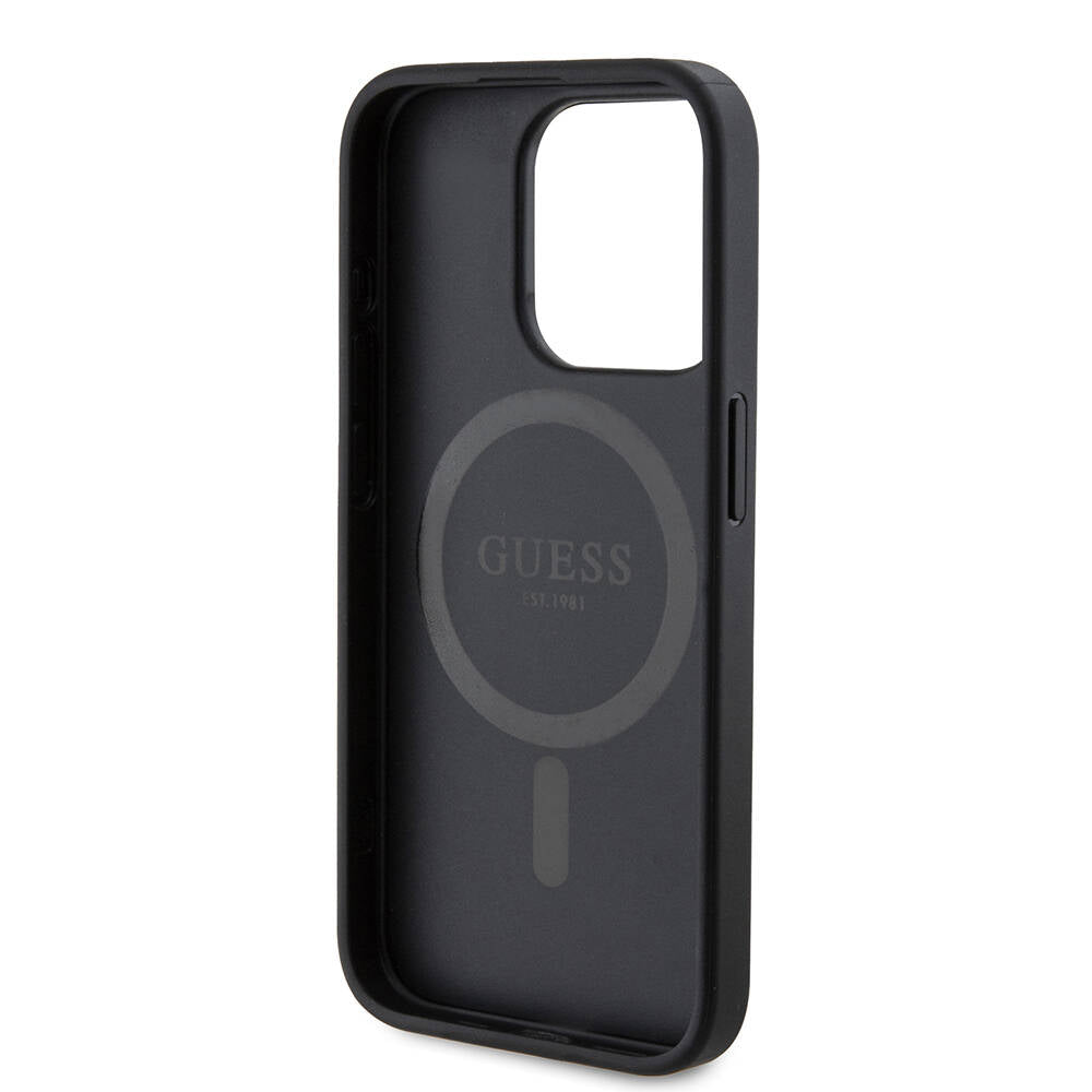 iPhone 15 Pro Kılıf Guess Orjinal Lisanslı M-safe Şarj Özellikli PU Halkalı 4G Desenli Yazı Logolu Kapak